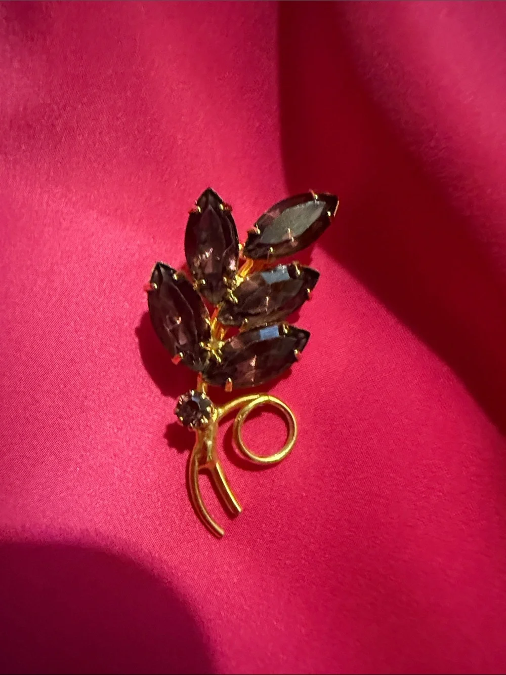 Gold-Tone Leaf Brooch with Smoky Purple Crystal Stones